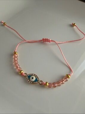 Pink Crystal Beaded Evil Eye Bracelet with Gold Accents Adjustable Boho Jewelry